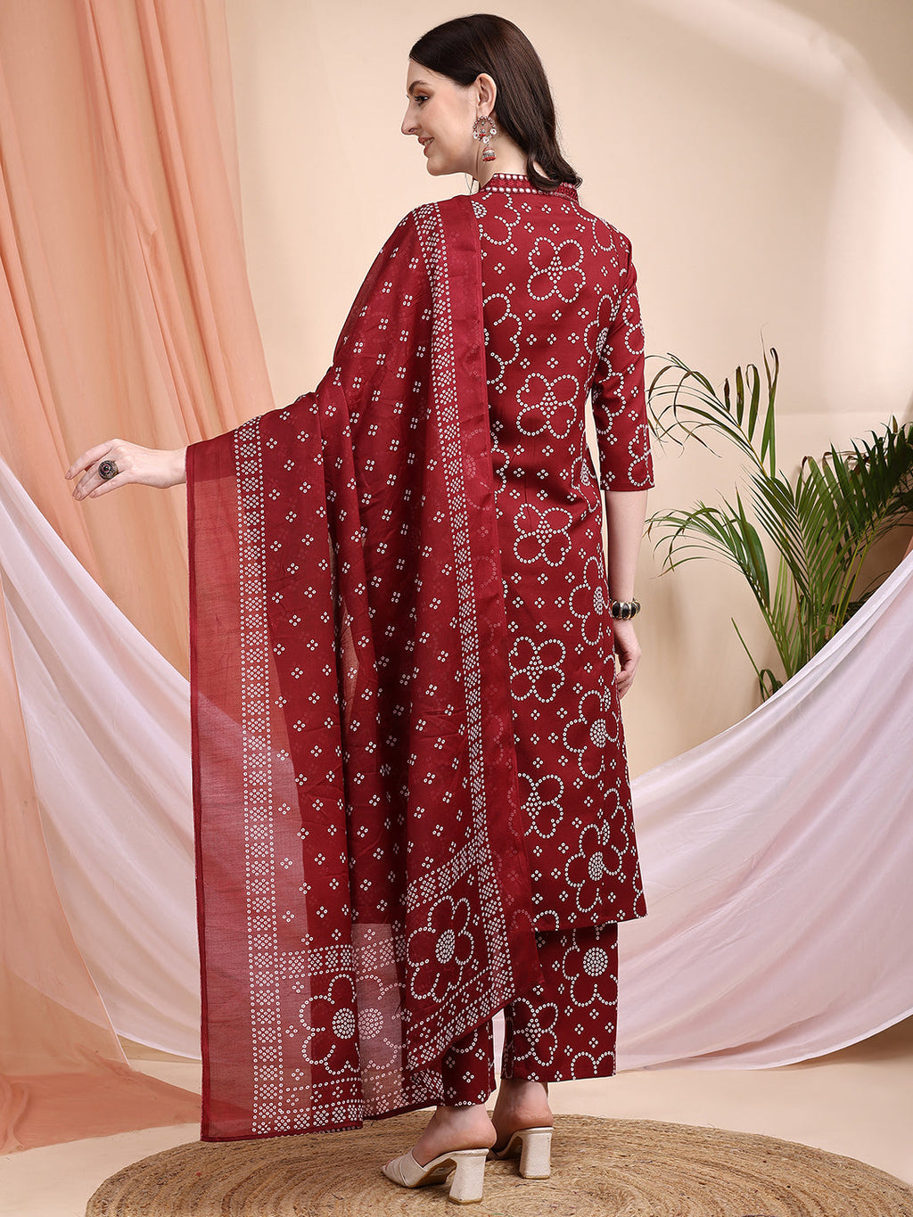 Embroidered & Bandhni A-Line Printed Kurta With Pant & Coordinated Dupatta, Maroon - Hiral Fashion - Distacart