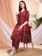 Embroidered & Bandhni A-Line Printed Kurta With Pant & Coordinated Dupatta, Maroon - Hiral Fashion - Distacart