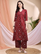 Embroidered & Bandhni A-Line Printed Kurta With Pant & Coordinated Dupatta, Maroon - Hiral Fashion - Distacart
