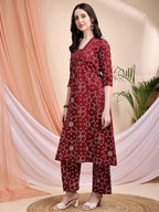 Embroidered & Bandhni A-Line Printed Kurta With Pant & Coordinated Dupatta, Maroon - Hiral Fashion - Distacart