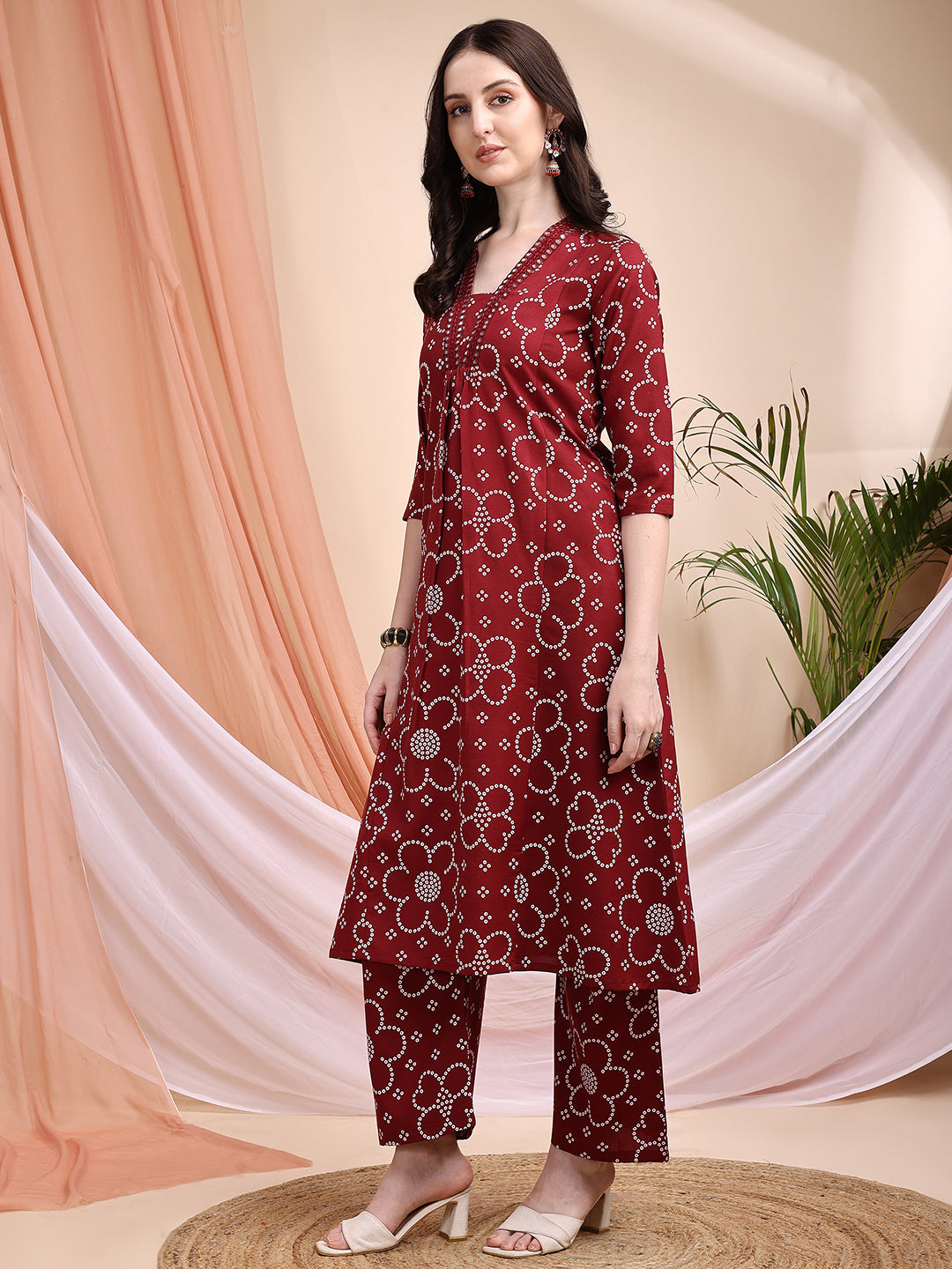 Embroidered & Bandhni A-Line Printed Kurta With Pant & Coordinated Dupatta, Maroon - Hiral Fashion - Distacart