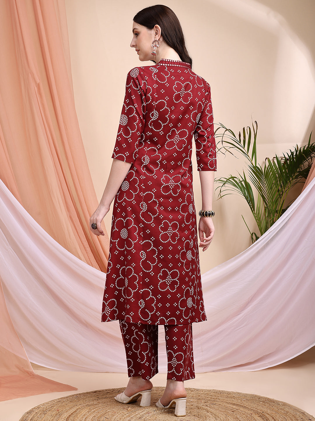 Embroidered & Bandhni A-Line Printed Kurta With Pant & Coordinated Dupatta, Maroon - Hiral Fashion - Distacart