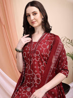Embroidered & Bandhni A-Line Printed Kurta With Pant & Coordinated Dupatta, Maroon - Hiral Fashion - Distacart