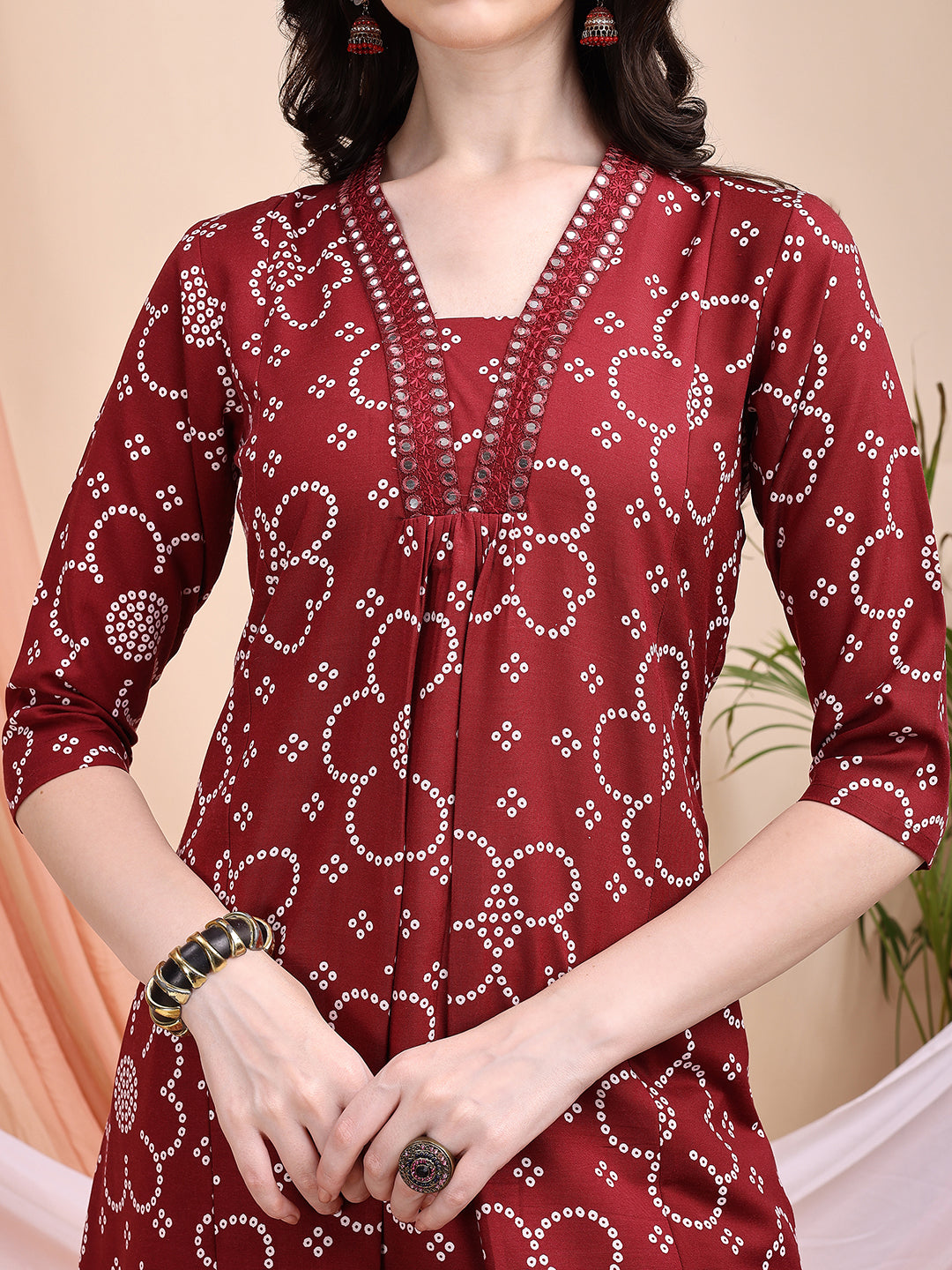 Embroidered & Bandhni A-Line Printed Kurta With Pant & Coordinated Dupatta, Maroon - Hiral Fashion - Distacart