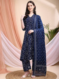 Embroidered & Bandhni A-Line Printed Kurta With Pant & Coordinated Dupatta, Navy Blue - Hiral Fashion - Distacart