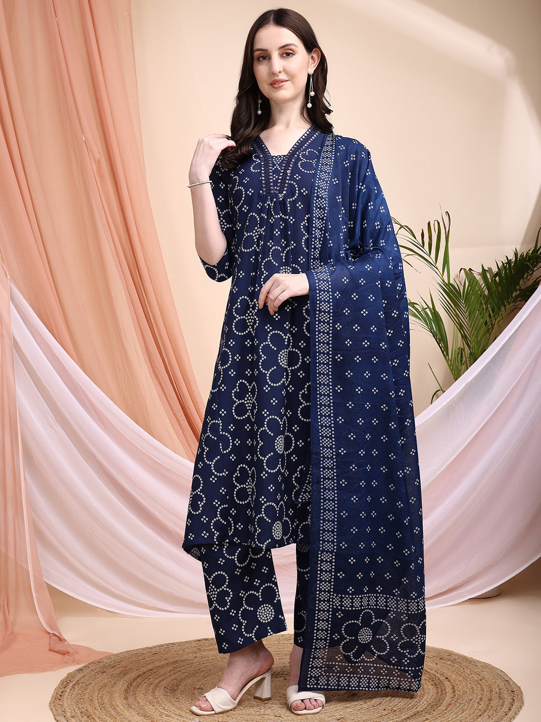 Embroidered & Bandhni A-Line Printed Kurta With Pant & Coordinated Dupatta, Navy Blue - Hiral Fashion - Distacart