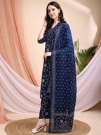 Embroidered & Bandhni A-Line Printed Kurta With Pant & Coordinated Dupatta, Navy Blue - Hiral Fashion - Distacart