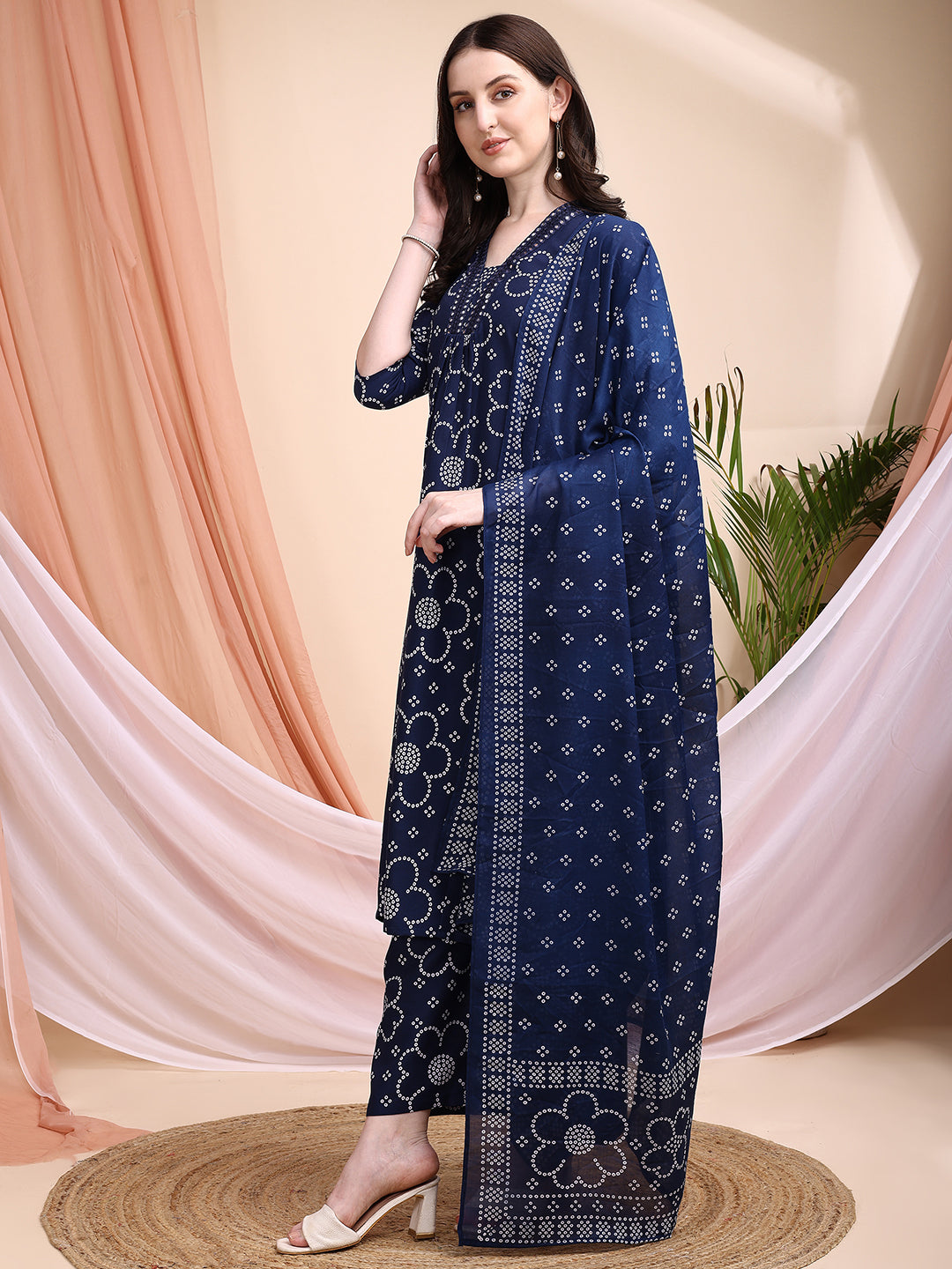 Embroidered & Bandhni A-Line Printed Kurta With Pant & Coordinated Dupatta, Navy Blue - Hiral Fashion - Distacart