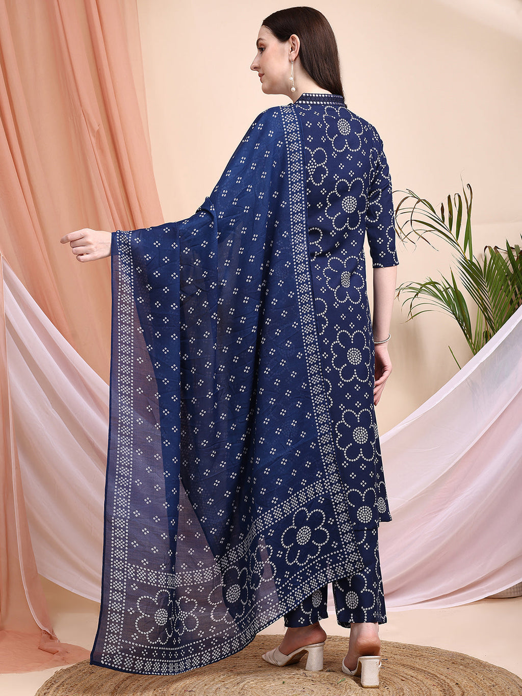 Embroidered & Bandhni A-Line Printed Kurta With Pant & Coordinated Dupatta, Navy Blue - Hiral Fashion - Distacart