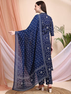 Embroidered & Bandhni A-Line Printed Kurta With Pant & Coordinated Dupatta, Navy Blue - Hiral Fashion - Distacart