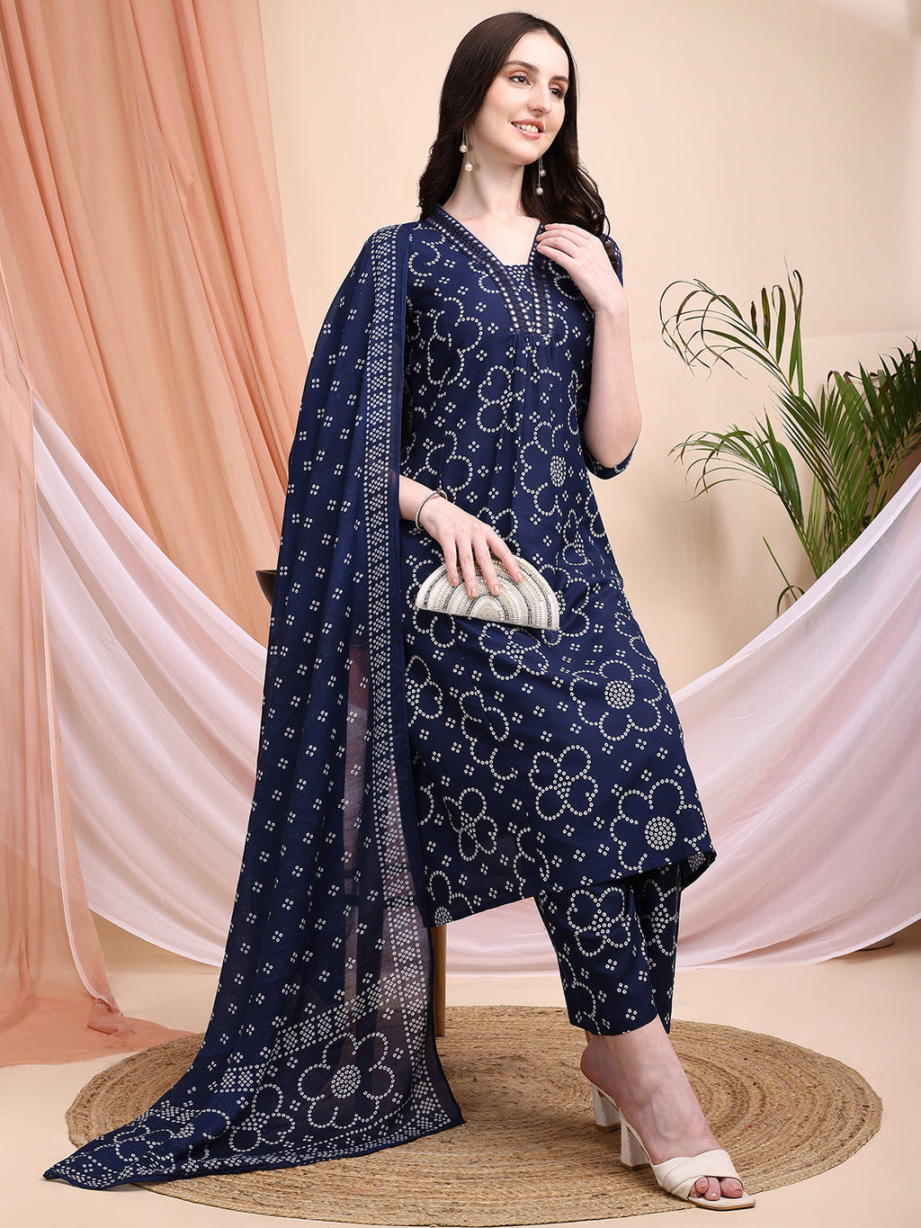 Embroidered & Bandhni A-Line Printed Kurta With Pant & Coordinated Dupatta, Navy Blue - Hiral Fashion - Distacart
