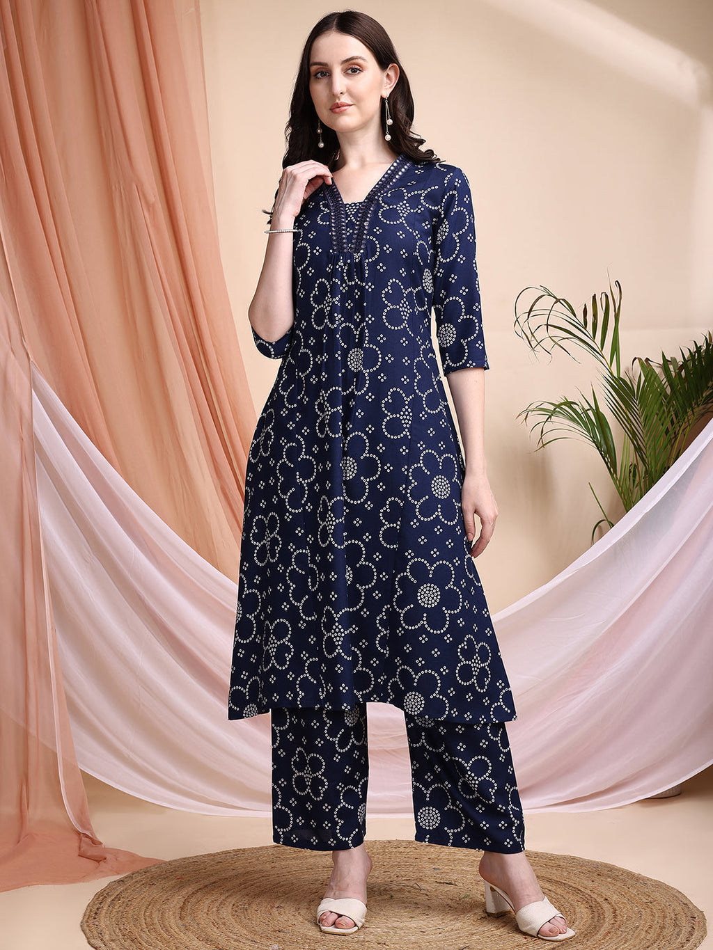Embroidered & Bandhni A-Line Printed Kurta With Pant & Coordinated Dupatta, Navy Blue - Hiral Fashion - Distacart