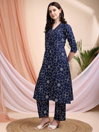 Embroidered & Bandhni A-Line Printed Kurta With Pant & Coordinated Dupatta, Navy Blue - Hiral Fashion - Distacart