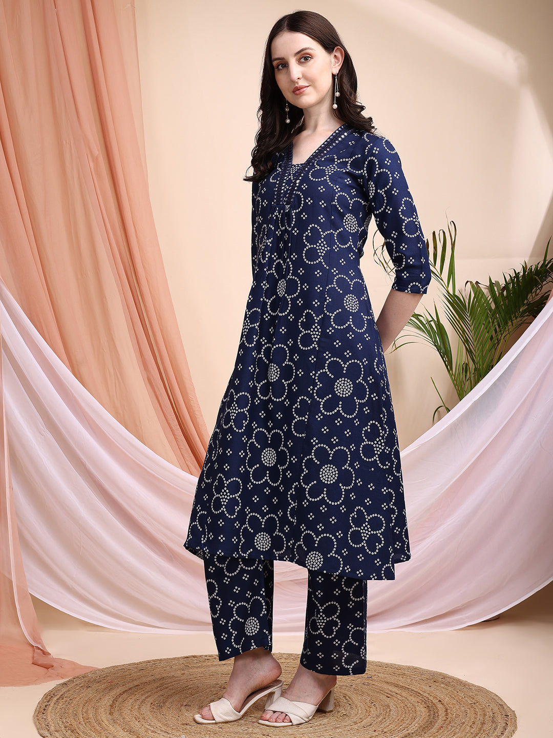 Embroidered & Bandhni A-Line Printed Kurta With Pant & Coordinated Dupatta, Navy Blue - Hiral Fashion - Distacart