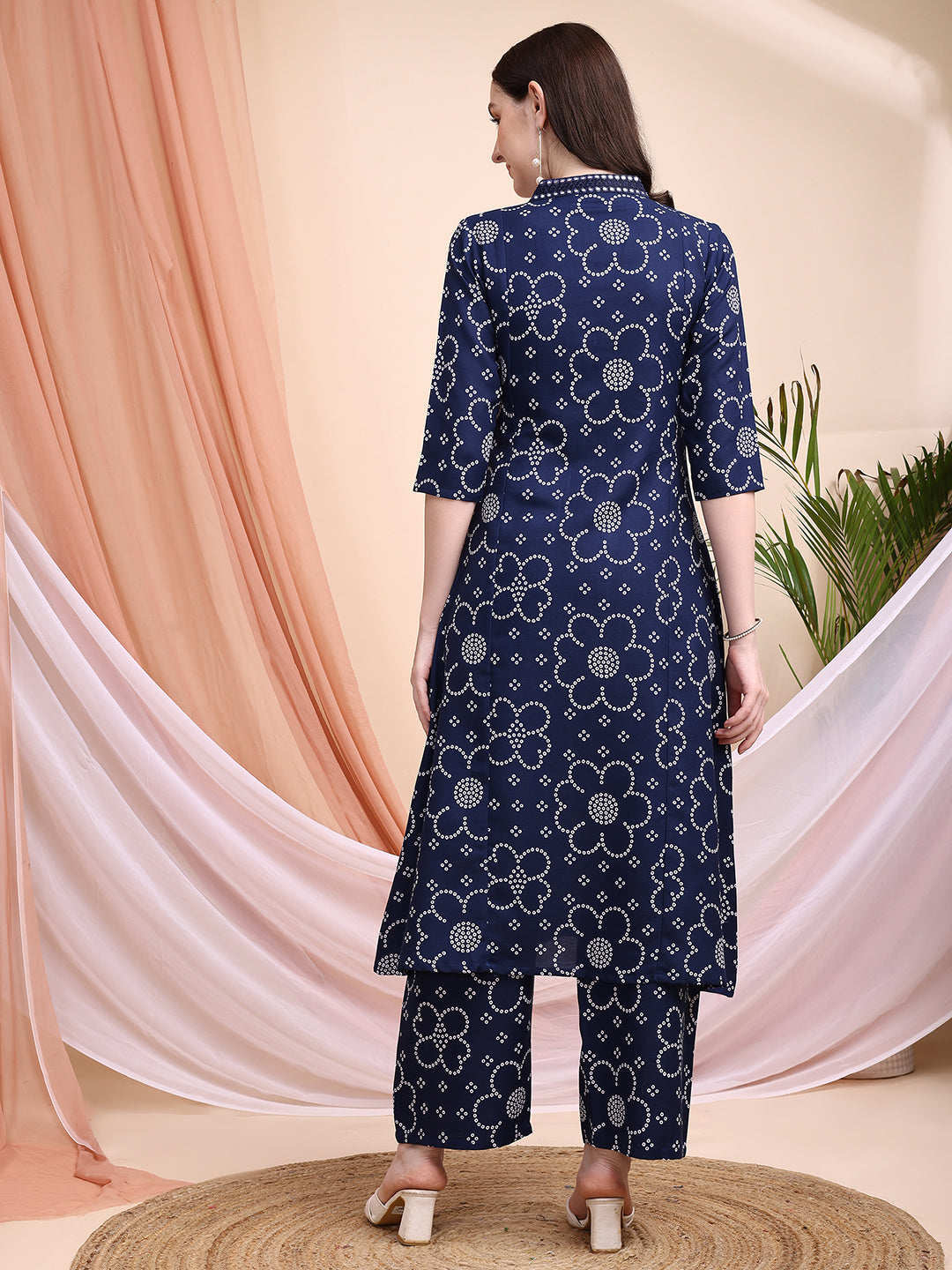 Embroidered & Bandhni A-Line Printed Kurta With Pant & Coordinated Dupatta, Navy Blue - Hiral Fashion - Distacart