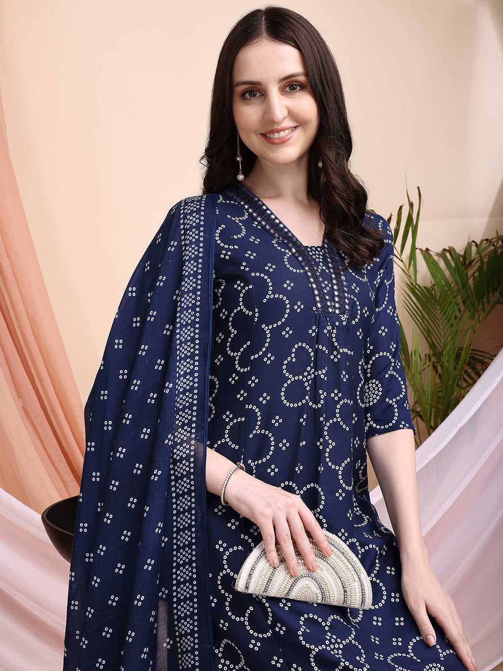 Embroidered & Bandhni A-Line Printed Kurta With Pant & Coordinated Dupatta, Navy Blue - Hiral Fashion - Distacart