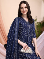 Embroidered & Bandhni A-Line Printed Kurta With Pant & Coordinated Dupatta, Navy Blue - Hiral Fashion - Distacart