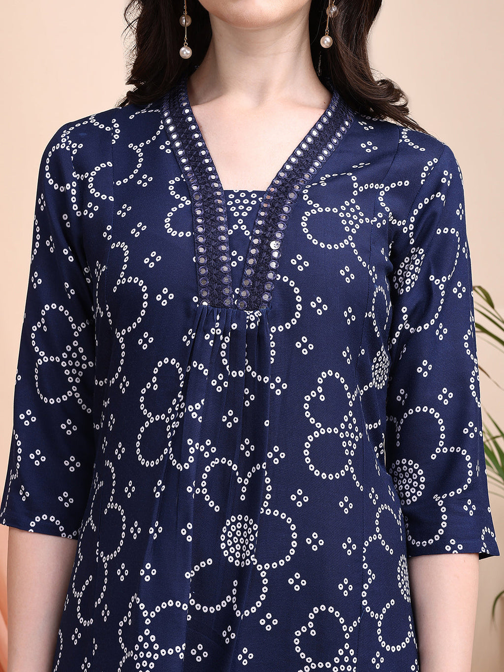 Embroidered & Bandhni A-Line Printed Kurta With Pant & Coordinated Dupatta, Navy Blue - Hiral Fashion - Distacart