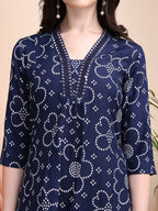 Embroidered & Bandhni A-Line Printed Kurta With Pant & Coordinated Dupatta, Navy Blue - Hiral Fashion - Distacart