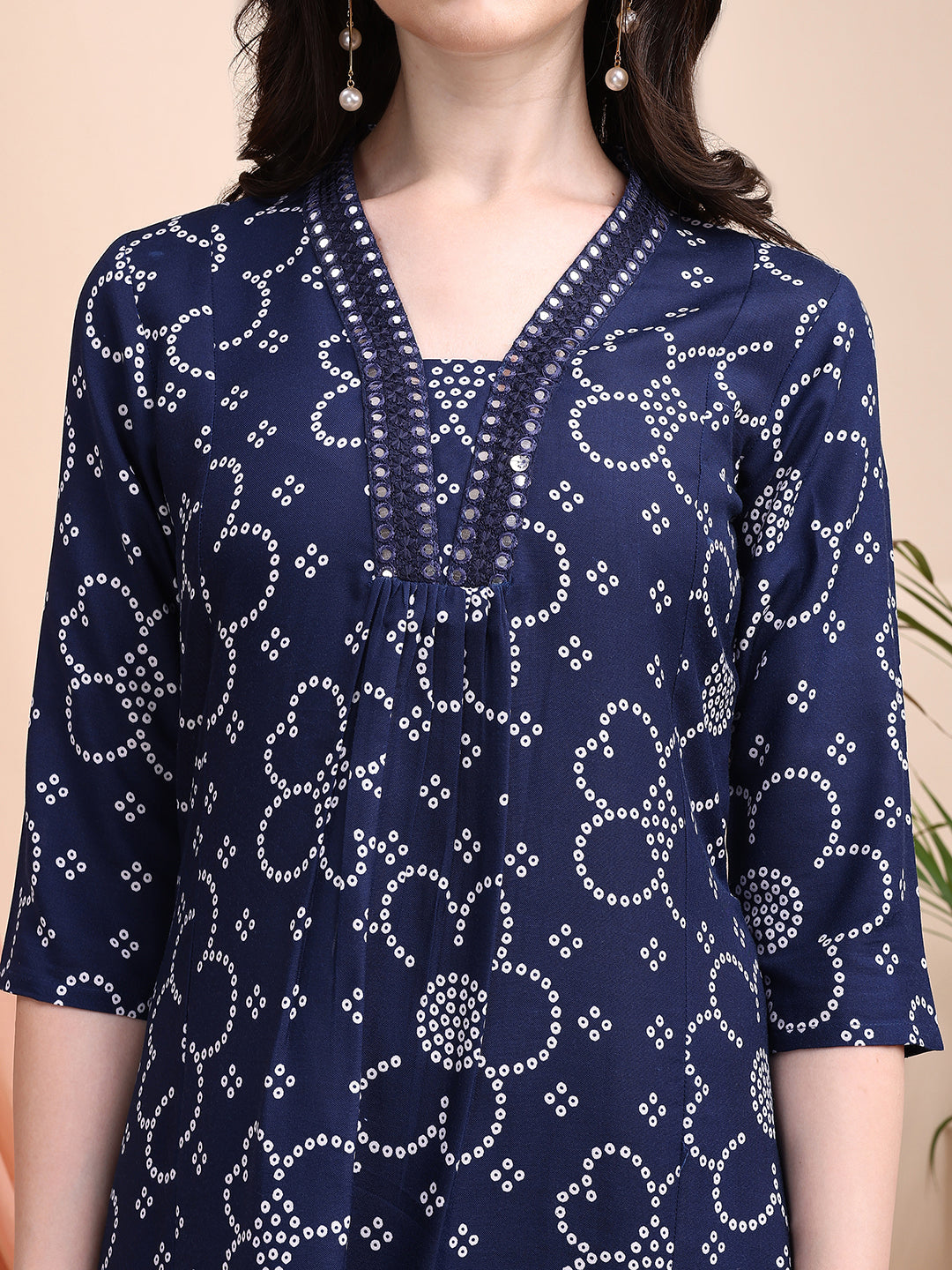 Embroidered & Bandhni A-Line Printed Kurta With Pant & Coordinated Dupatta, Navy Blue - Hiral Fashion - Distacart