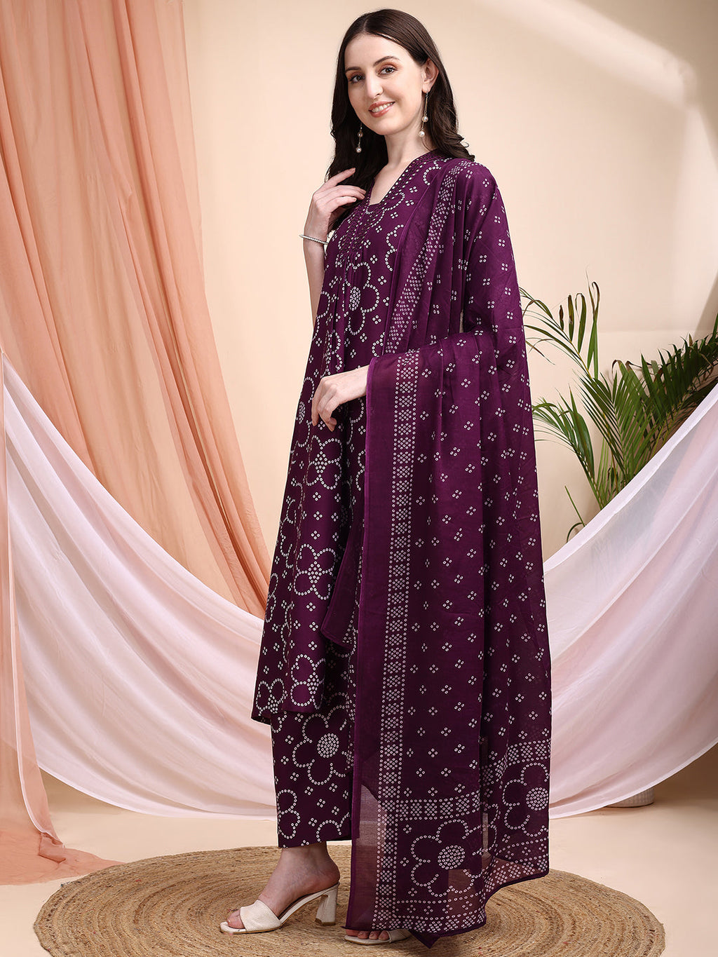 Embroidered & Bandhni A-Line Printed Kurta With Pant & Coordinated Dupatta, Purple - Hiral Fashion - Distacart