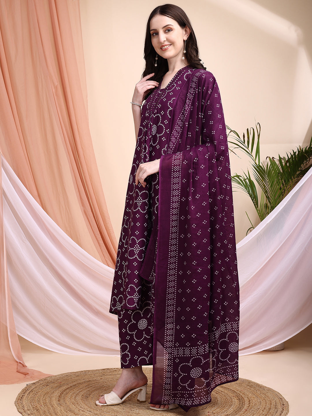 Embroidered & Bandhni A-Line Printed Kurta With Pant & Coordinated Dupatta, Purple - Hiral Fashion - Distacart