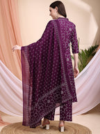Embroidered & Bandhni A-Line Printed Kurta With Pant & Coordinated Dupatta, Purple - Hiral Fashion - Distacart