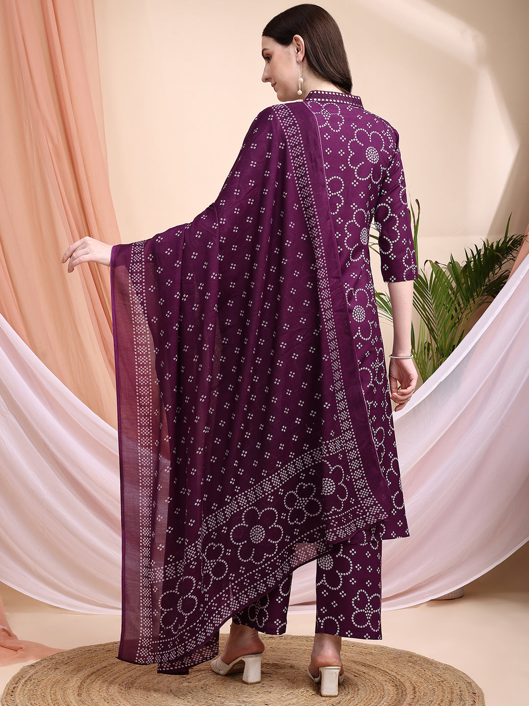 Embroidered & Bandhni A-Line Printed Kurta With Pant & Coordinated Dupatta, Purple - Hiral Fashion - Distacart