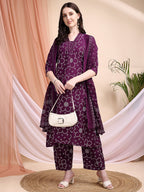 Embroidered & Bandhni A-Line Printed Kurta With Pant & Coordinated Dupatta, Purple - Hiral Fashion - Distacart