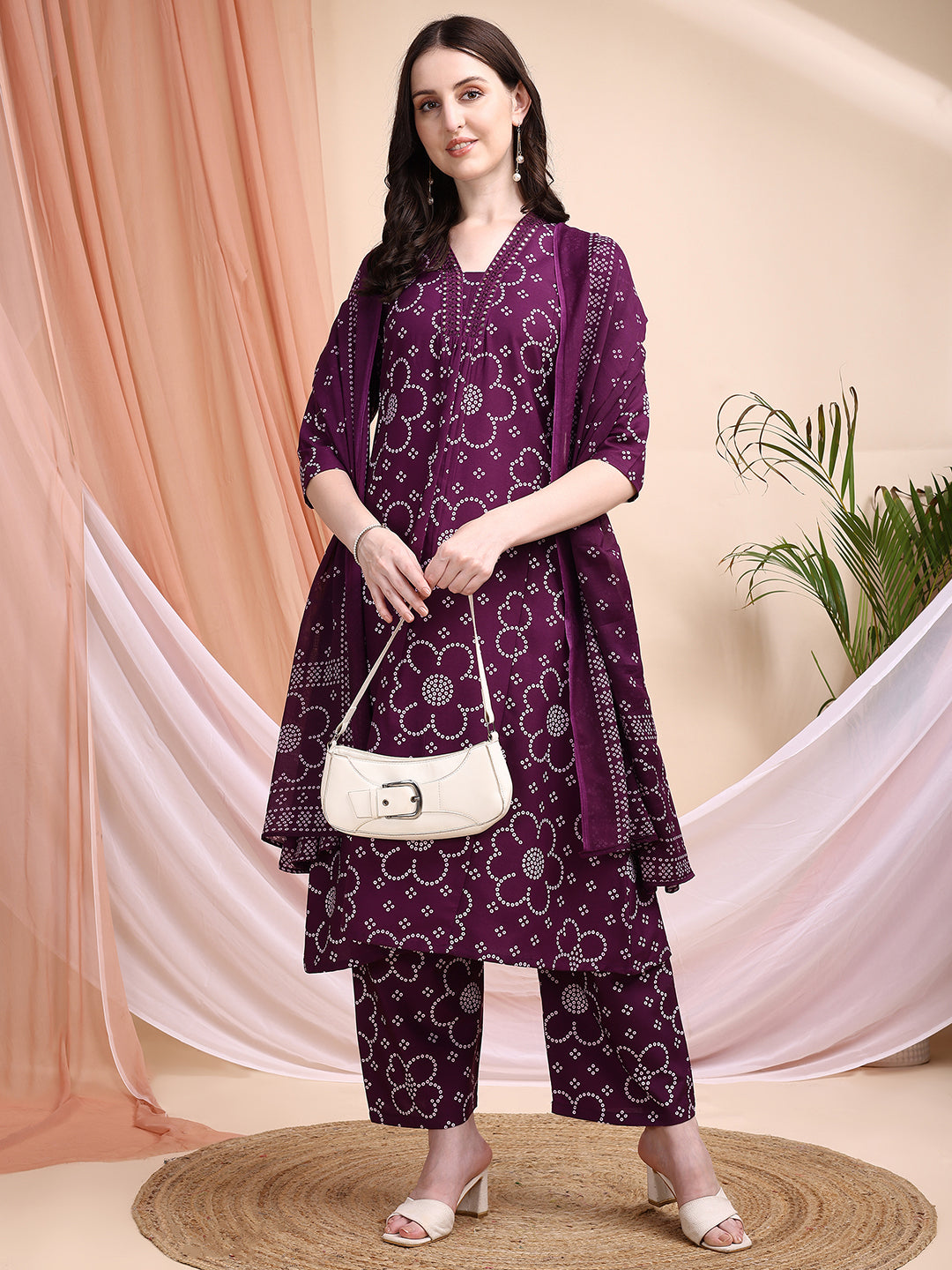 Embroidered & Bandhni A-Line Printed Kurta With Pant & Coordinated Dupatta, Purple - Hiral Fashion - Distacart