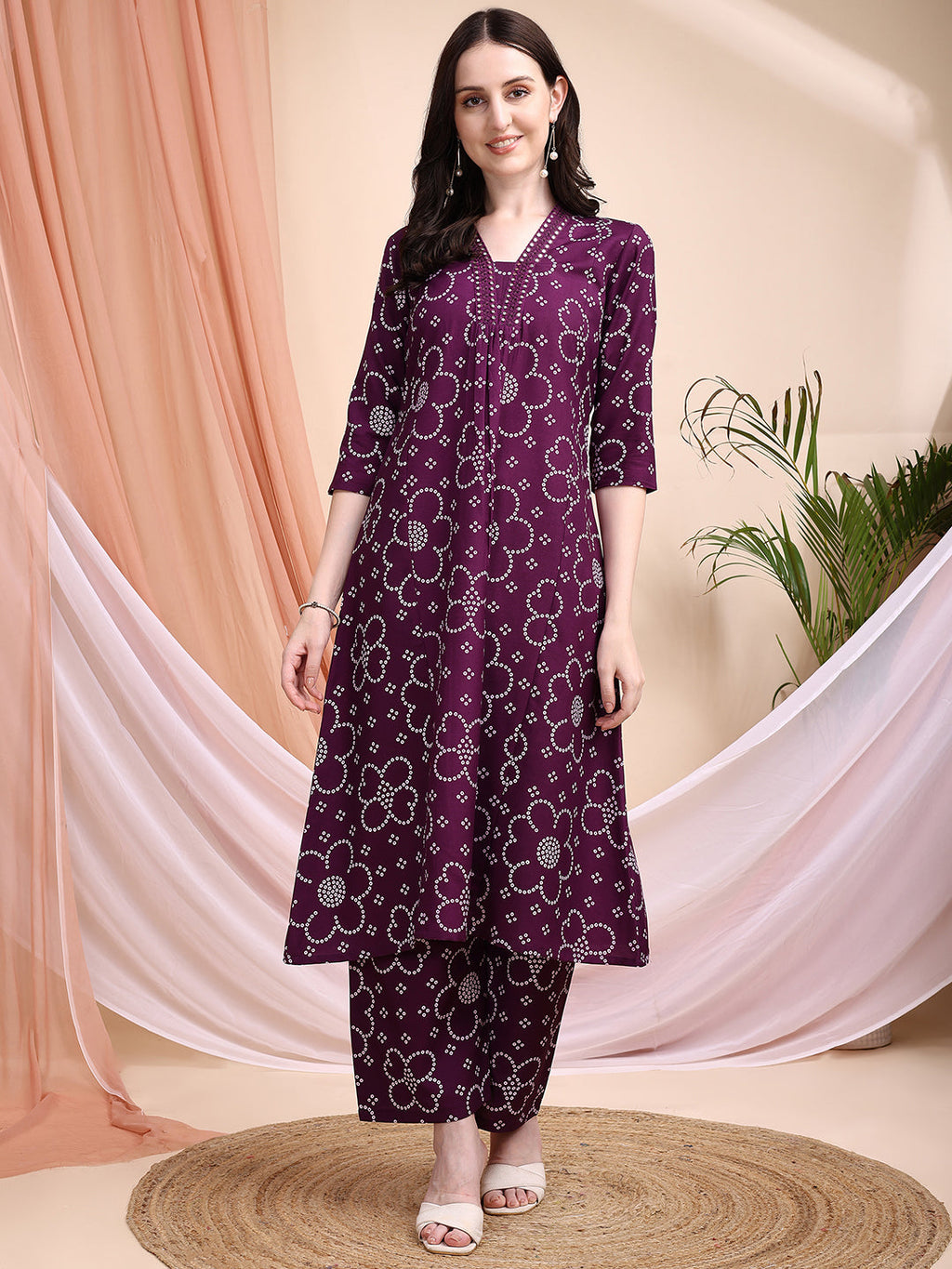 Embroidered & Bandhni A-Line Printed Kurta With Pant & Coordinated Dupatta, Purple - Hiral Fashion - Distacart