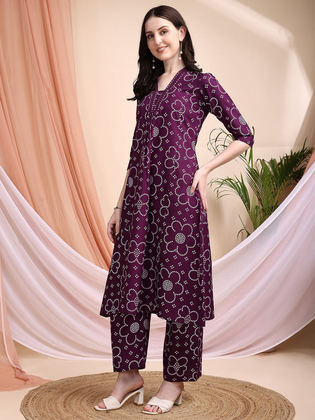 Embroidered & Bandhni A-Line Printed Kurta With Pant & Coordinated Dupatta, Purple - Hiral Fashion - Distacart