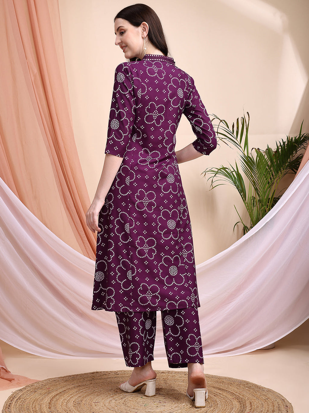 Embroidered & Bandhni A-Line Printed Kurta With Pant & Coordinated Dupatta, Purple - Hiral Fashion - Distacart