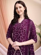 Embroidered & Bandhni A-Line Printed Kurta With Pant & Coordinated Dupatta, Purple - Hiral Fashion - Distacart