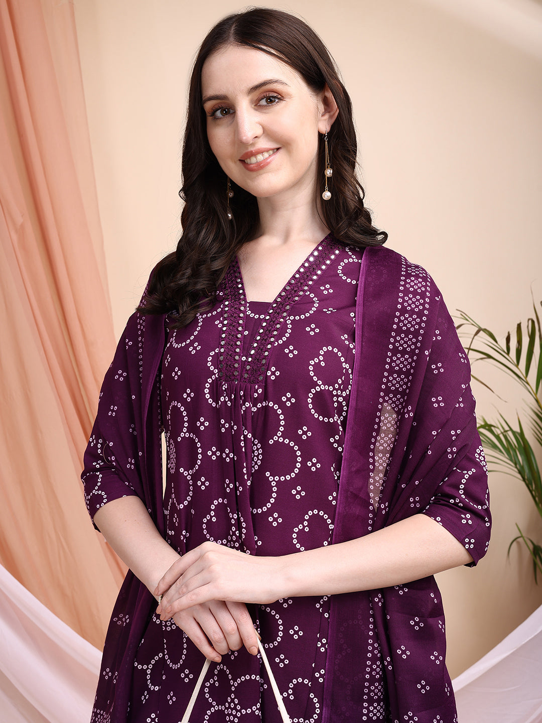 Embroidered & Bandhni A-Line Printed Kurta With Pant & Coordinated Dupatta, Purple - Hiral Fashion - Distacart