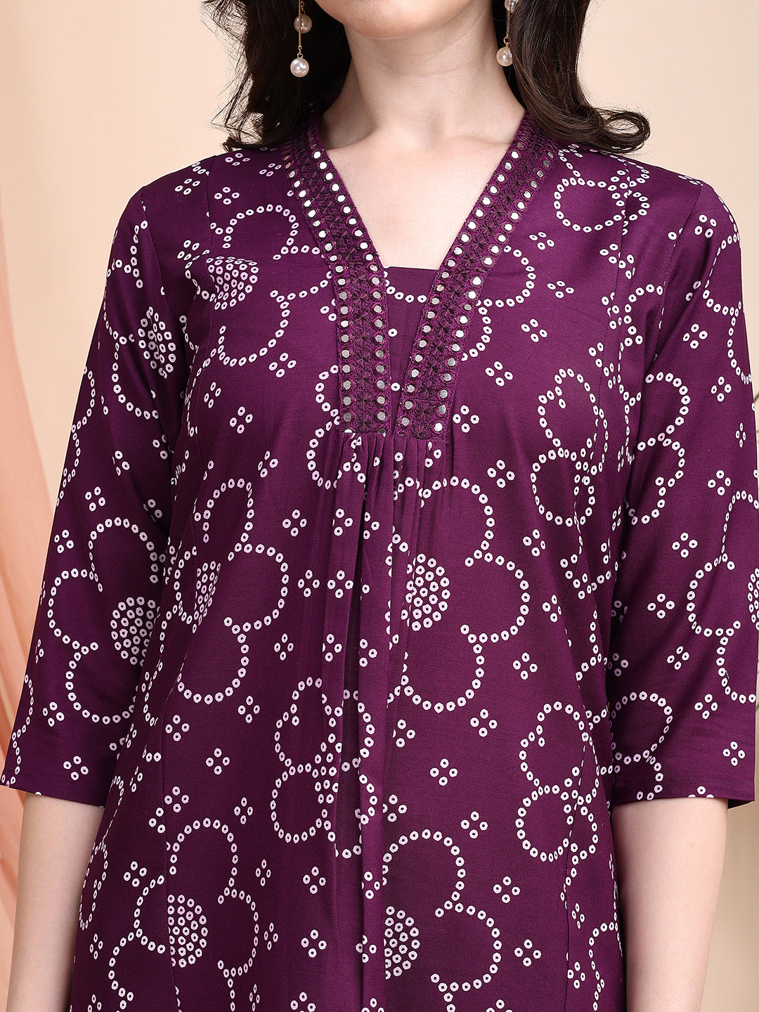 Embroidered & Bandhni A-Line Printed Kurta With Pant & Coordinated Dupatta, Purple - Hiral Fashion - Distacart