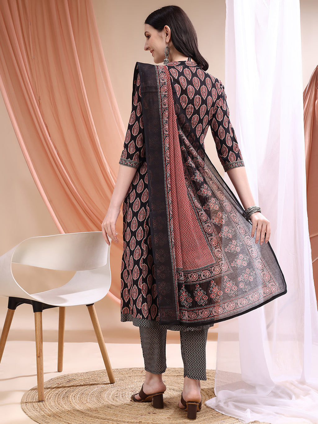 Front Slit Motifs A-Line Printed Kurta With Pant & Dupatta, Black - Hiral Fashion - Distacart