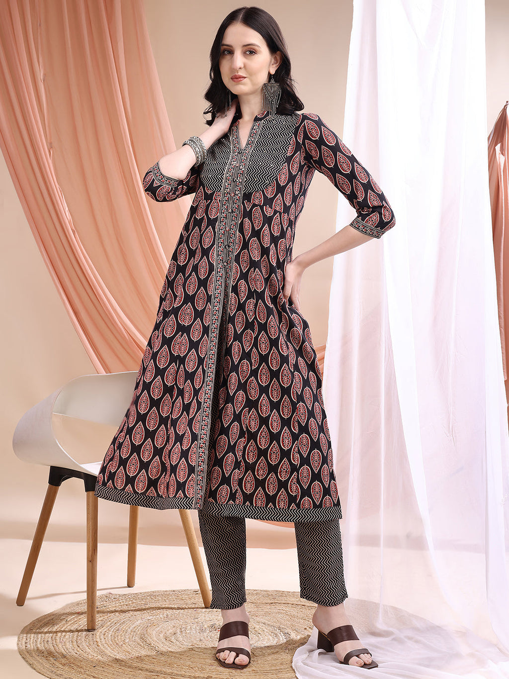 Front Slit Motifs A-Line Printed Kurta With Pant & Dupatta, Black - Hiral Fashion - Distacart