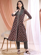 Front Slit Motifs A-Line Printed Kurta With Pant & Dupatta, Black - Hiral Fashion - Distacart
