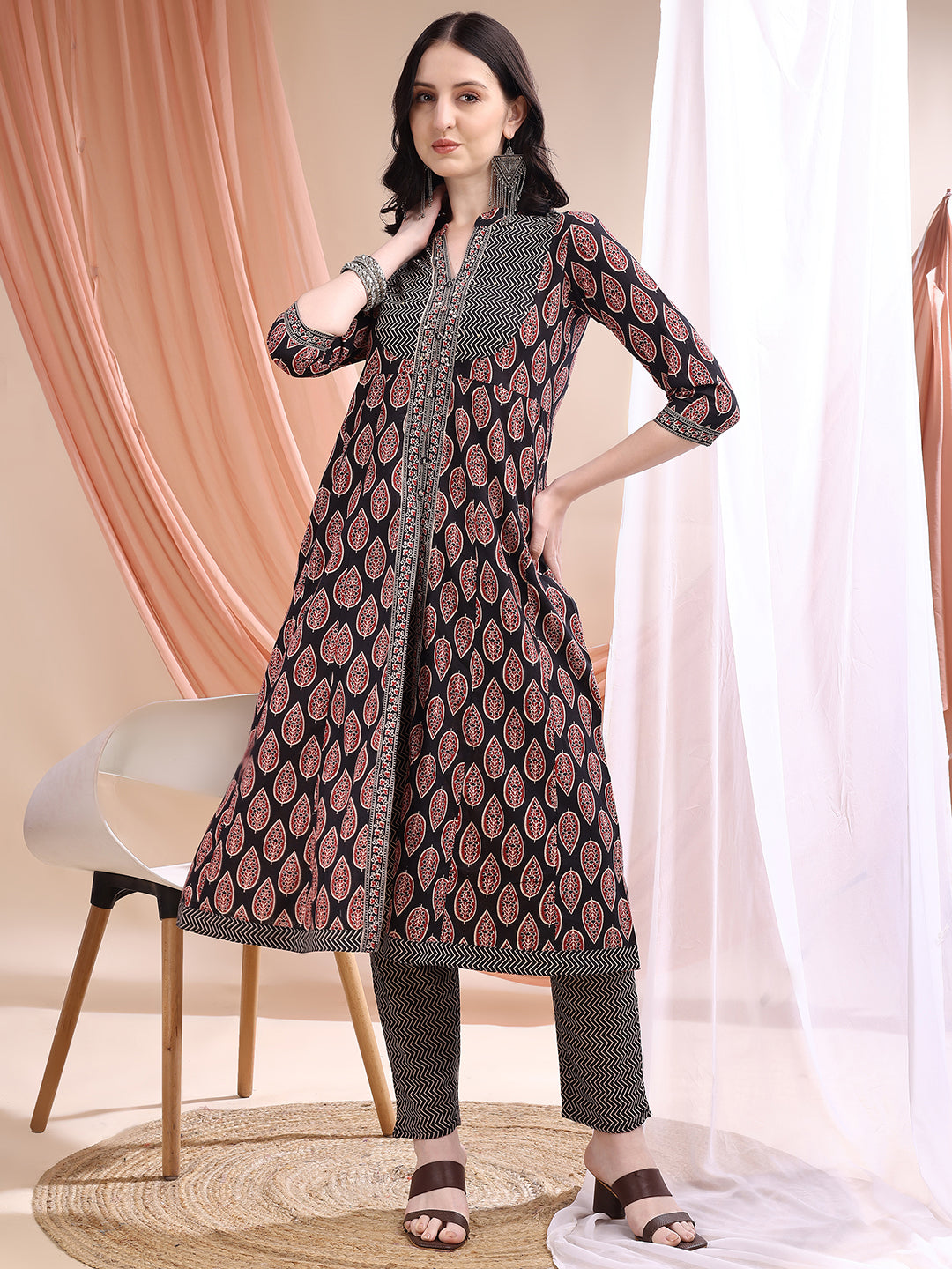 Front Slit Motifs A-Line Printed Kurta With Pant & Dupatta, Black - Hiral Fashion - Distacart