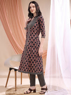 Front Slit Motifs A-Line Printed Kurta With Pant & Dupatta, Black - Hiral Fashion - Distacart