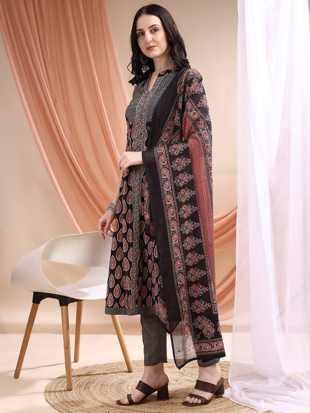 Front Slit Motifs A-Line Printed Kurta With Pant & Dupatta, Black - Hiral Fashion - Distacart