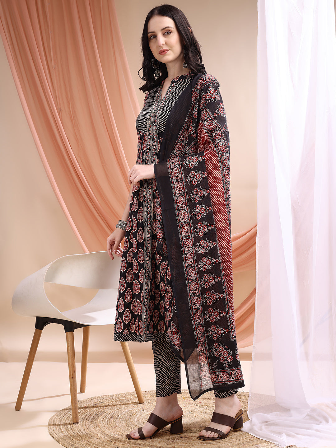 Front Slit Motifs A-Line Printed Kurta With Pant & Dupatta, Black - Hiral Fashion - Distacart