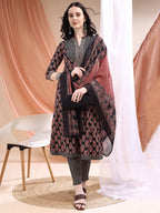 Front Slit Motifs A-Line Printed Kurta With Pant & Dupatta, Black - Hiral Fashion - Distacart