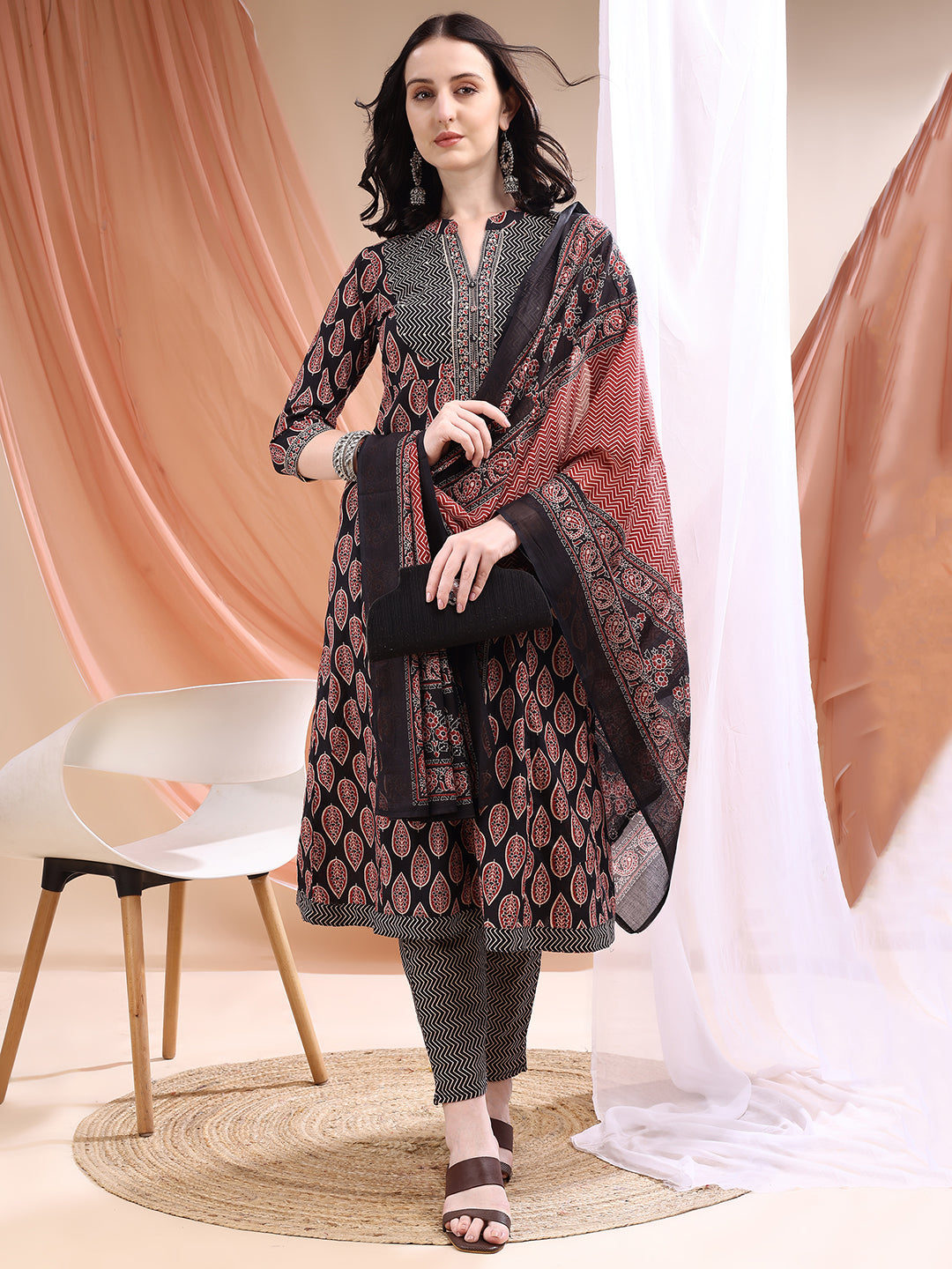Front Slit Motifs A-Line Printed Kurta With Pant & Dupatta, Black - Hiral Fashion - Distacart