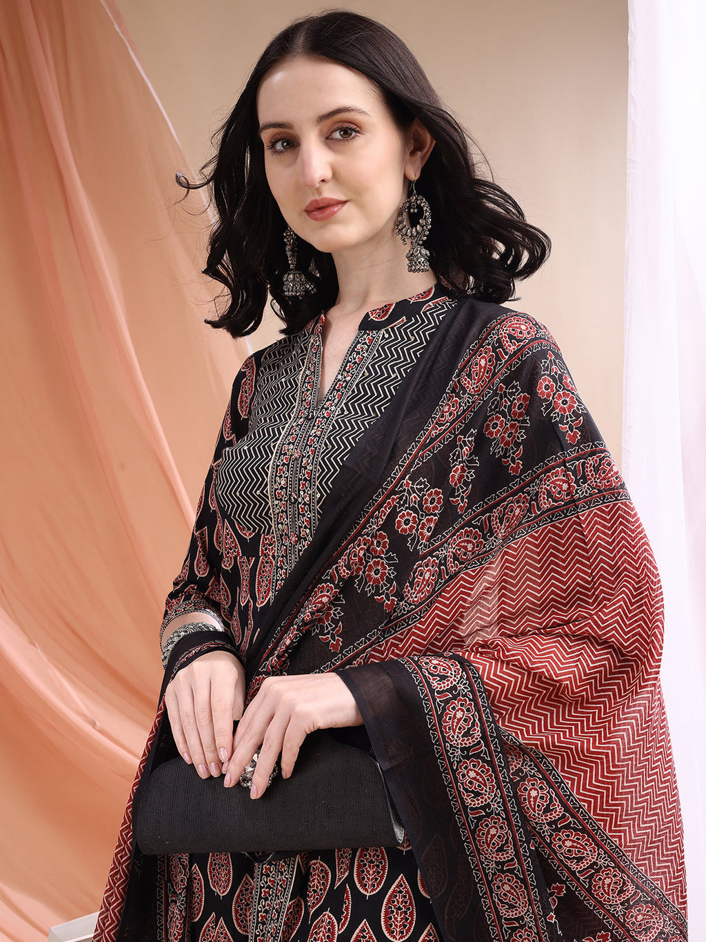 Front Slit Motifs A-Line Printed Kurta With Pant & Dupatta, Black - Hiral Fashion - Distacart