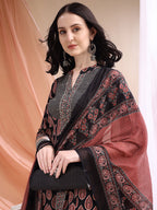 Front Slit Motifs A-Line Printed Kurta With Pant & Dupatta, Black - Hiral Fashion - Distacart