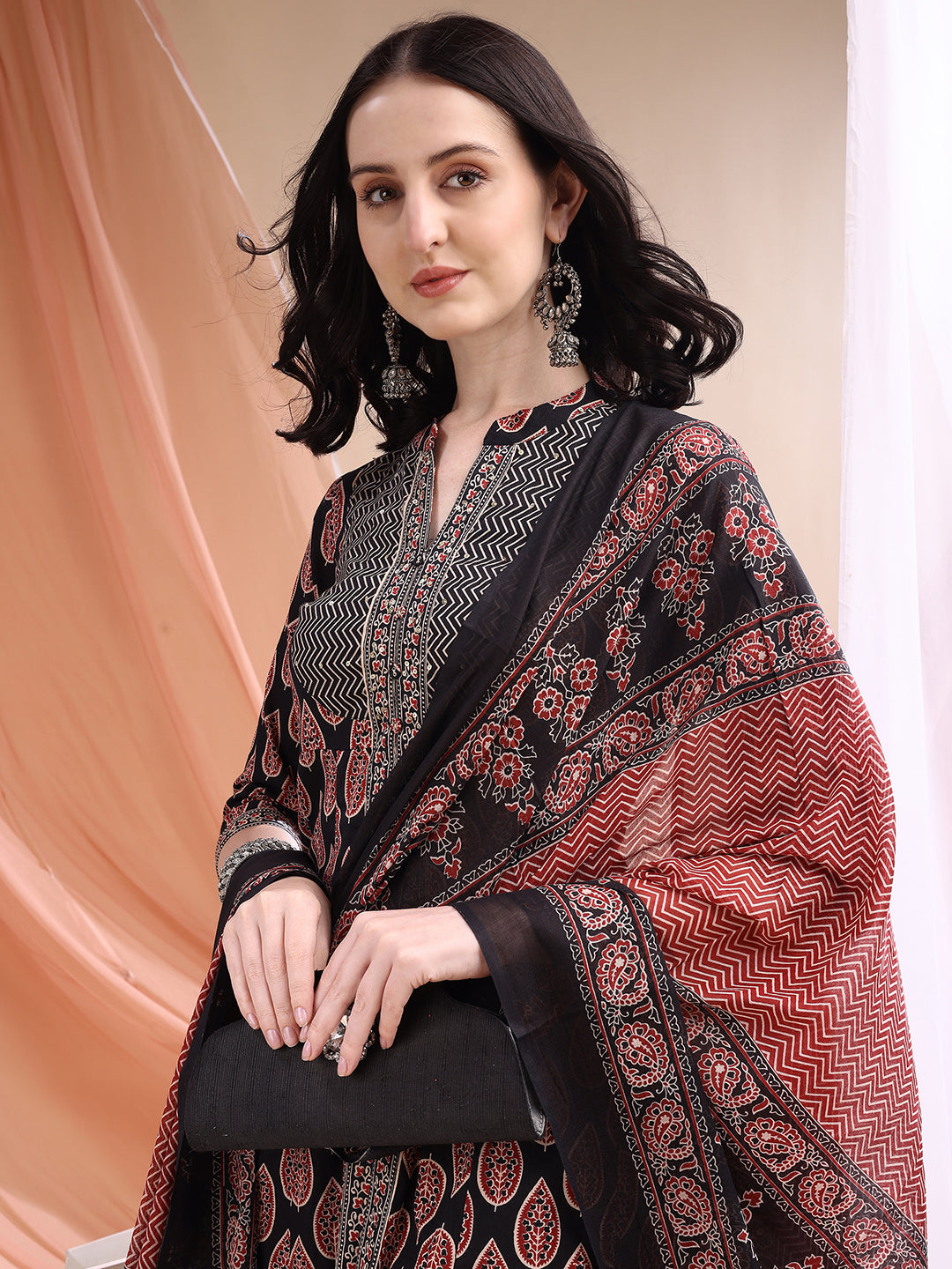 Front Slit Motifs A-Line Printed Kurta With Pant & Dupatta, Black - Hiral Fashion - Distacart