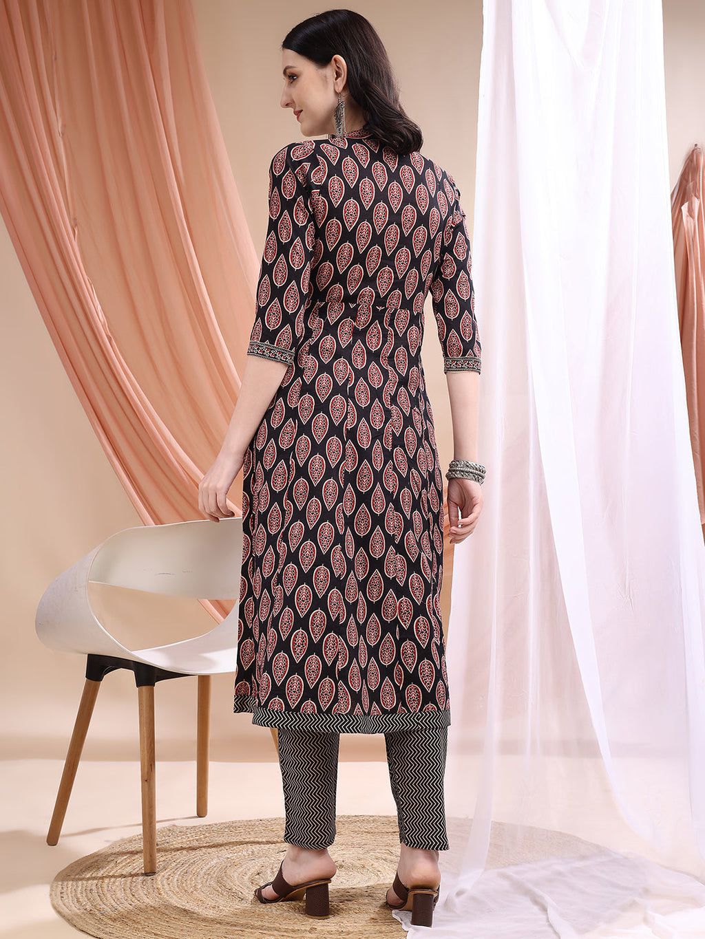 Front Slit Motifs A-Line Printed Kurta With Pant & Dupatta, Black - Hiral Fashion - Distacart