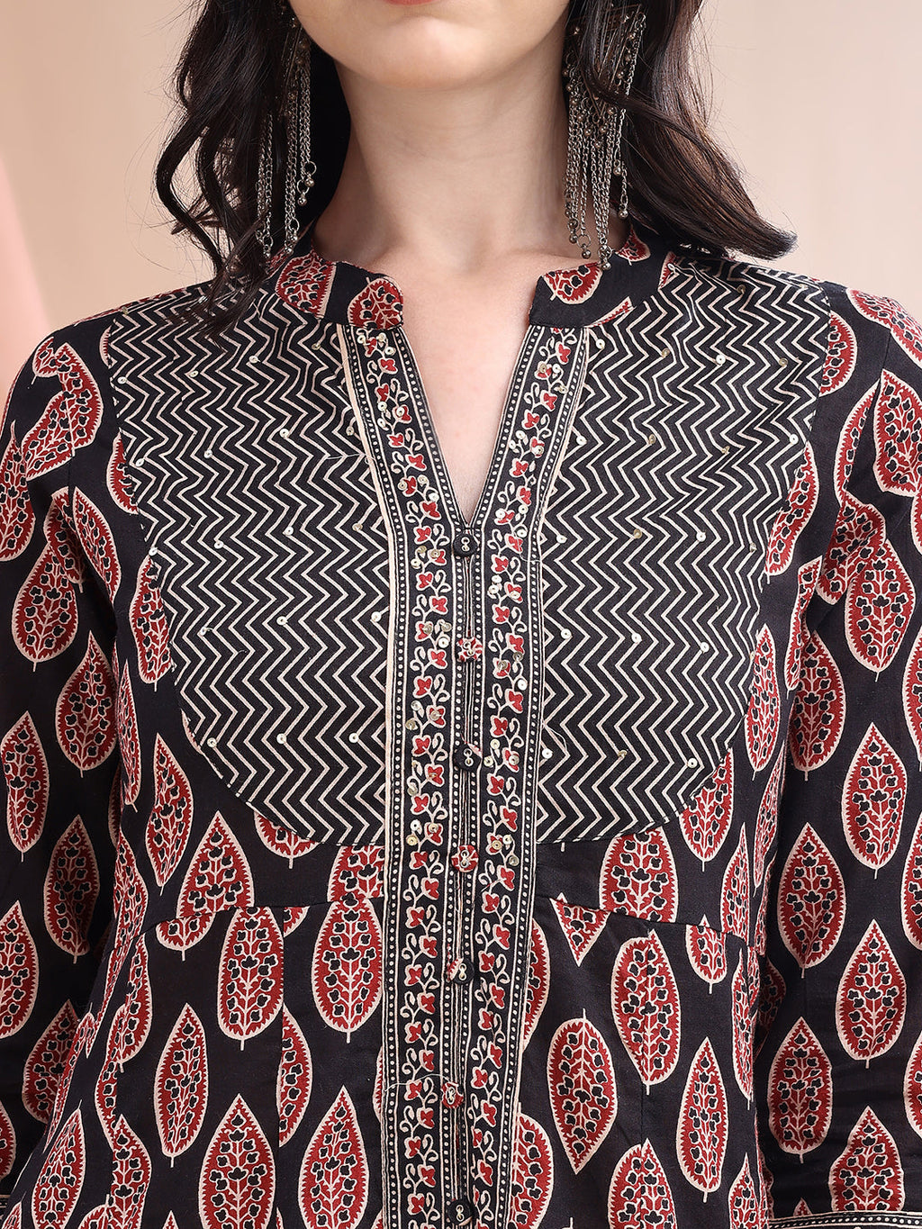 Front Slit Motifs A-Line Printed Kurta With Pant & Dupatta, Black - Hiral Fashion - Distacart
